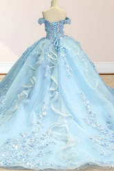 Off-Shoulder Ball Gown with 3D Floral Appliques & Lace-Up Back Baby Blue Tulle Quinceanera Dress for Sweet 16 & Birthday Parties